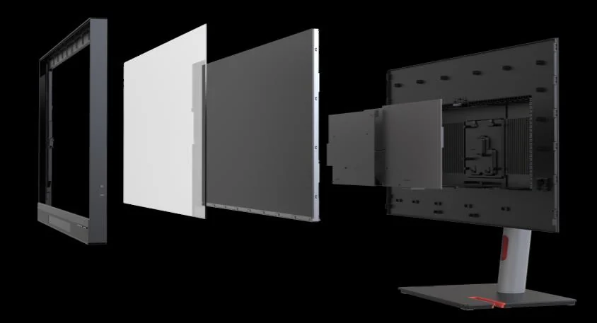 Exploded view of a glasses-free 3D monitor showing the front frame, lenticular layer, LCD panel and chassis