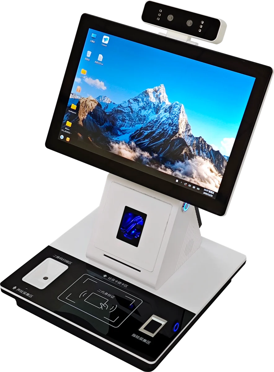 Dual-screen counter terminal with a document scanner tray in the base
