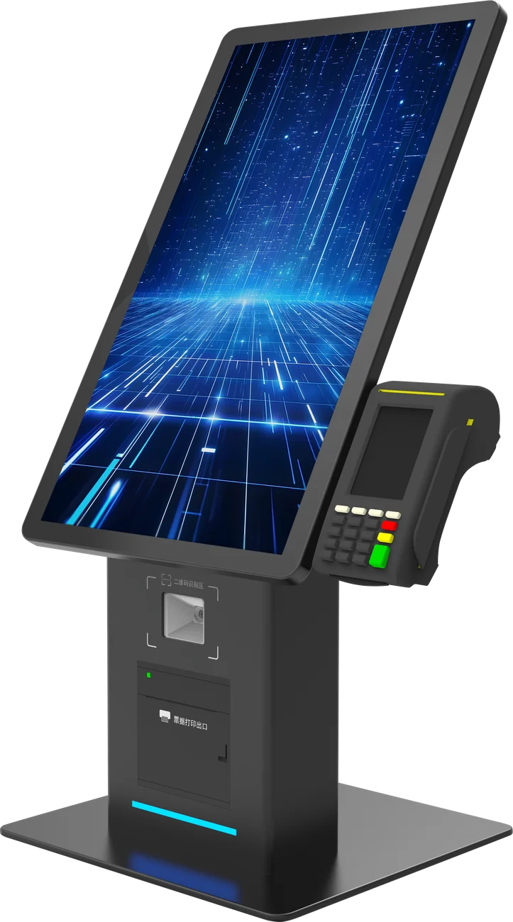 Black floor-standing payment kiosk with a portrait touch screen and PIN pad