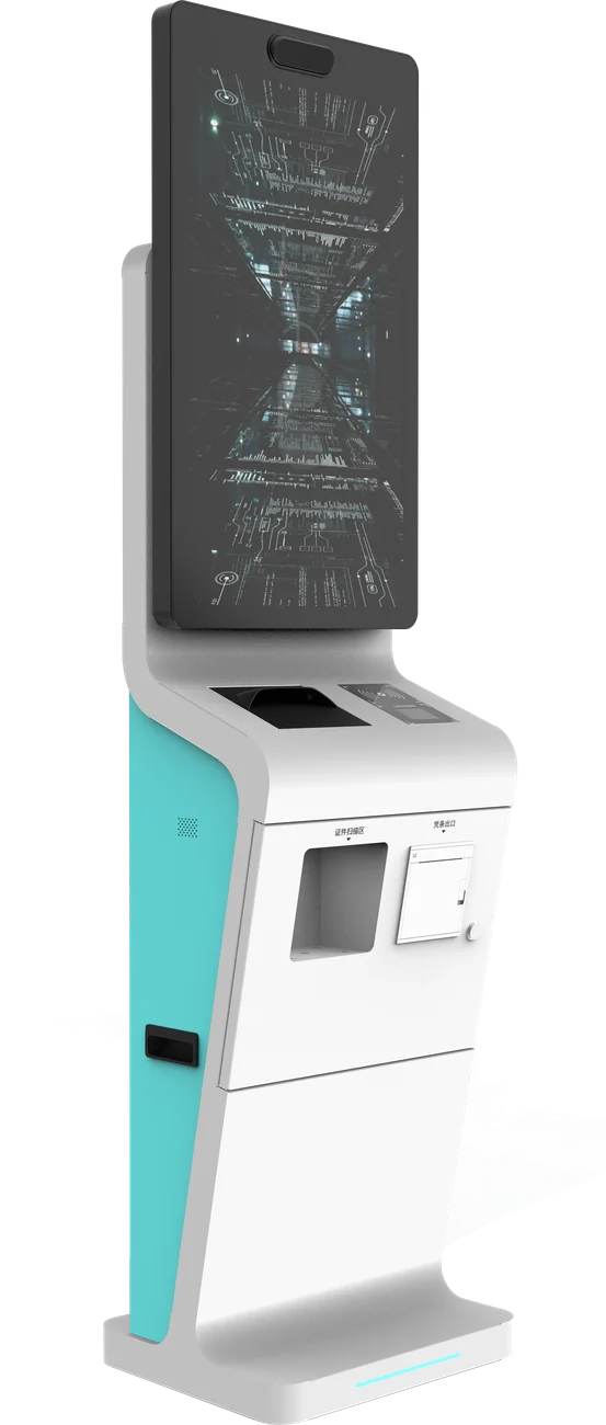 Tall self-service kiosk in a white and teal two-tone enclosure with printer and card reader