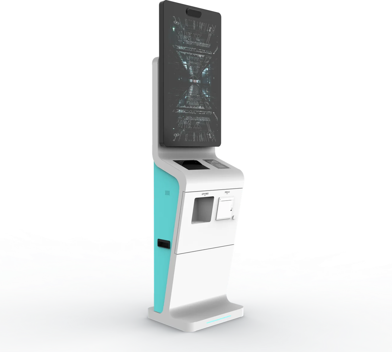Compact white kiosk with a camera bar, receipt printer and contactless reader
