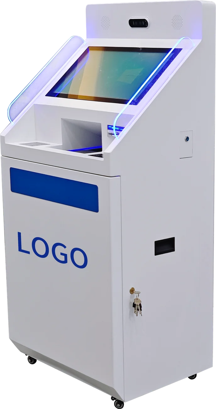 Floor-standing self-service kiosk with a blank logo panel on the front, ready for a customer brand