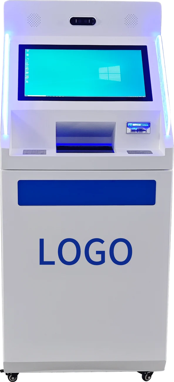 White self-service kiosk with illuminated side strips, card slot and a blank branding panel