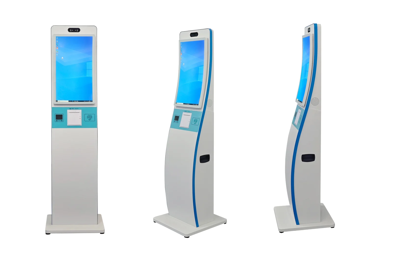 Three floor-standing government self-service kiosks in different enclosure shapes