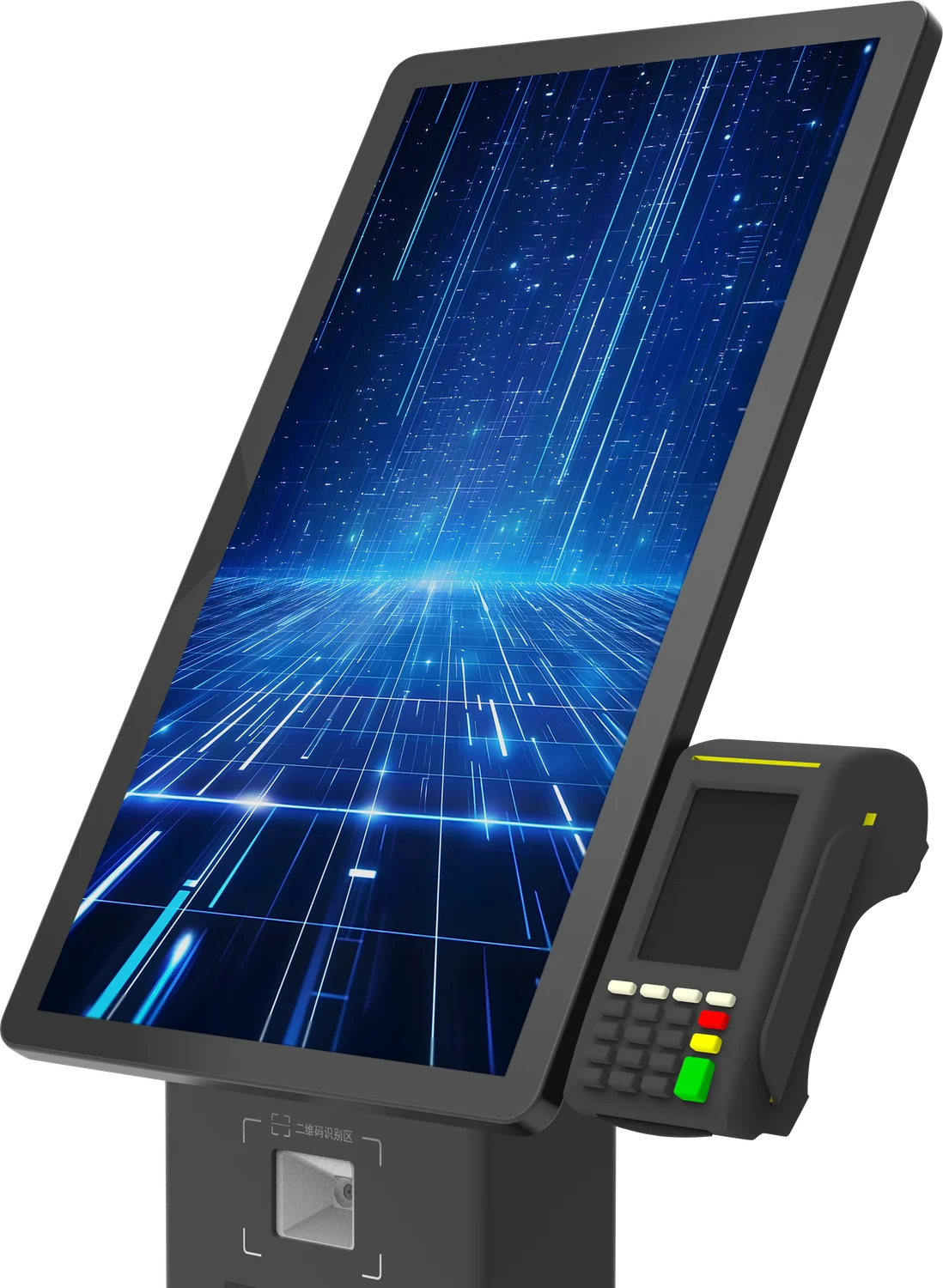 Floor-standing self-service check-in terminal with a portrait touch screen, card reader with PIN pad and document scanner window