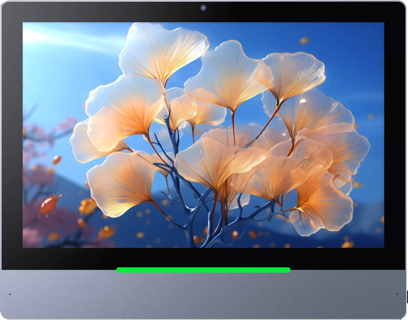 Freestanding display panel on a low base showing a high-saturation floral image