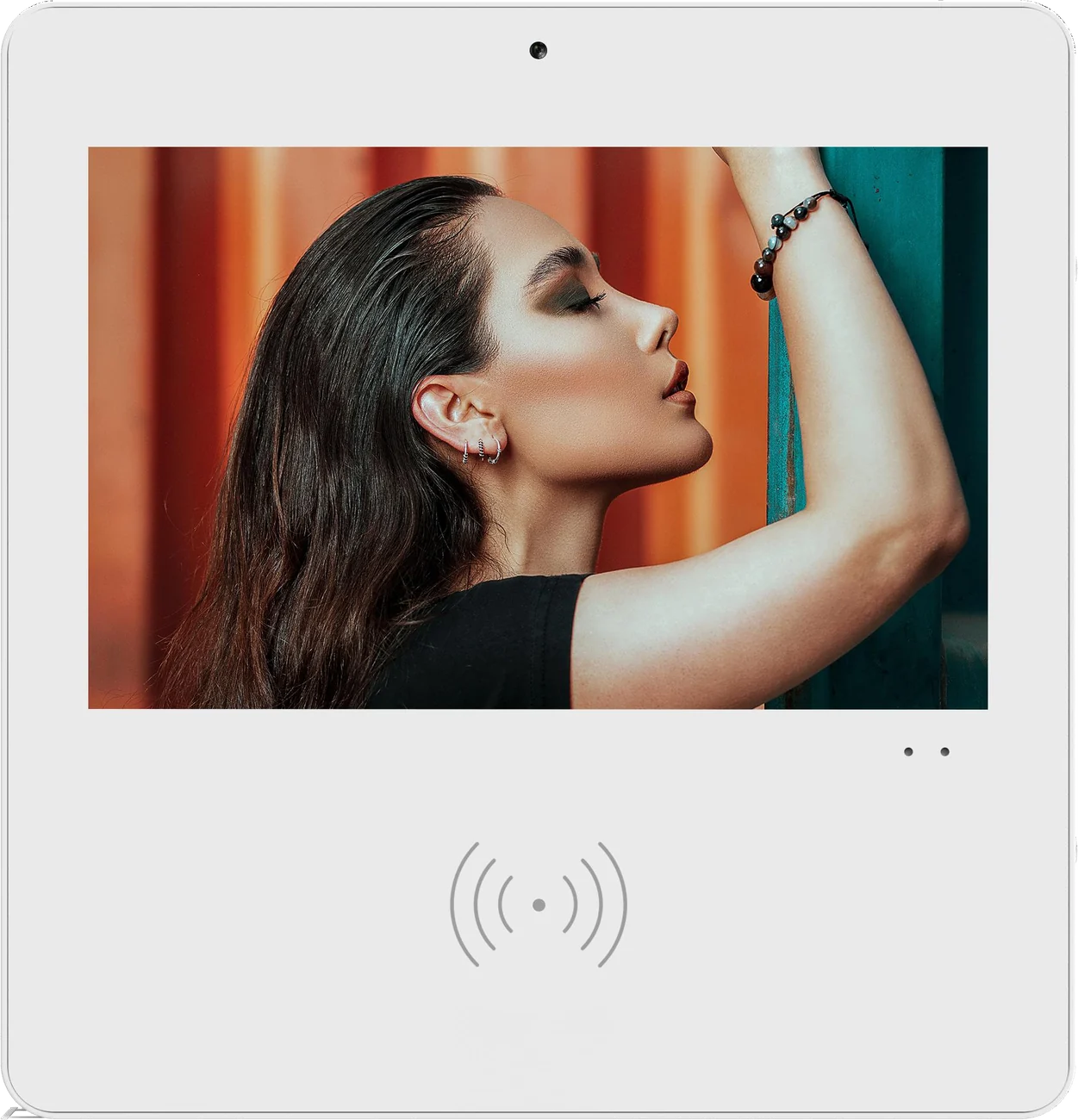 Wall-mounted portrait display panel with a contactless reader below the screen