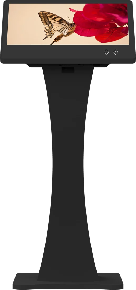 Pedestal-mounted wide-format information display with a contactless reader