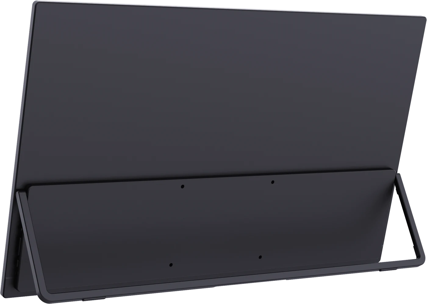 Rear of a Claronix portable monitor showing the kickstand and VESA mounting holes