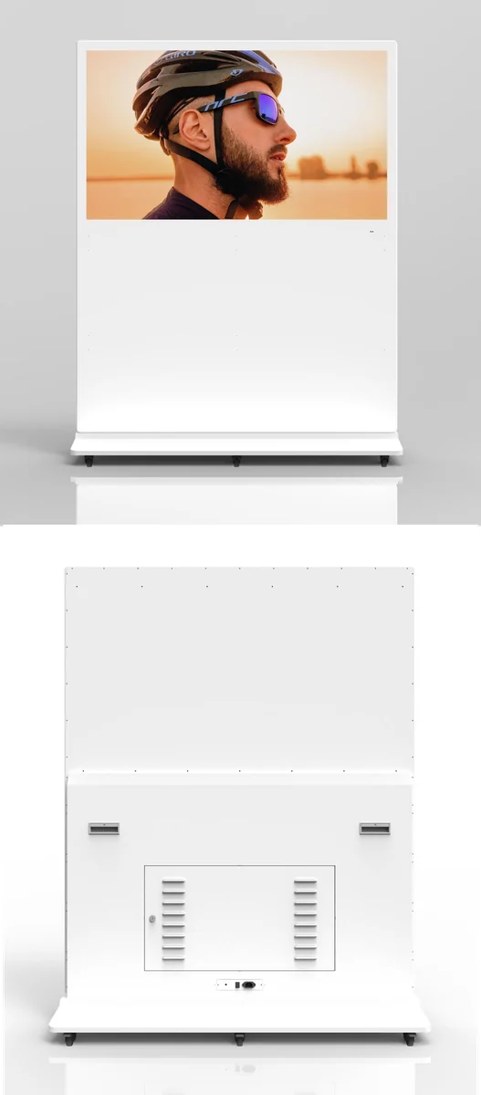 Slim freestanding poster display, front and rear views showing the mounting plate