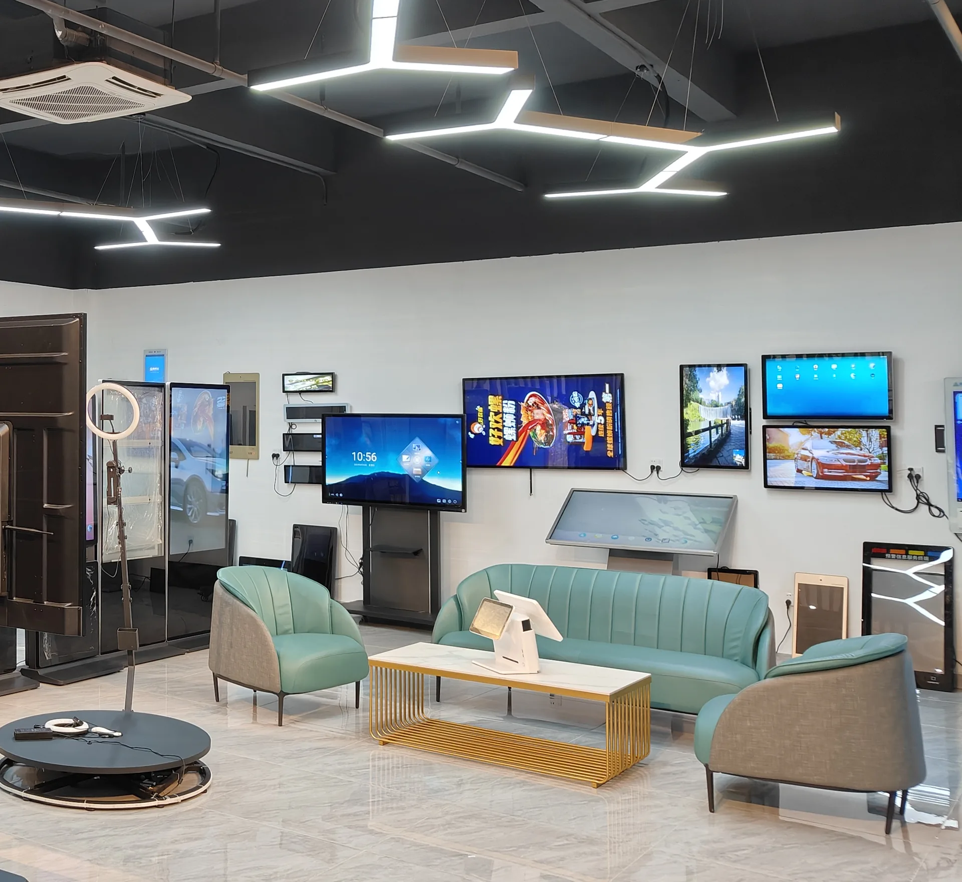 Commercial display showroom at Tianjin HSST Technology, with interactive flat panels, digital signage and video wall units on display