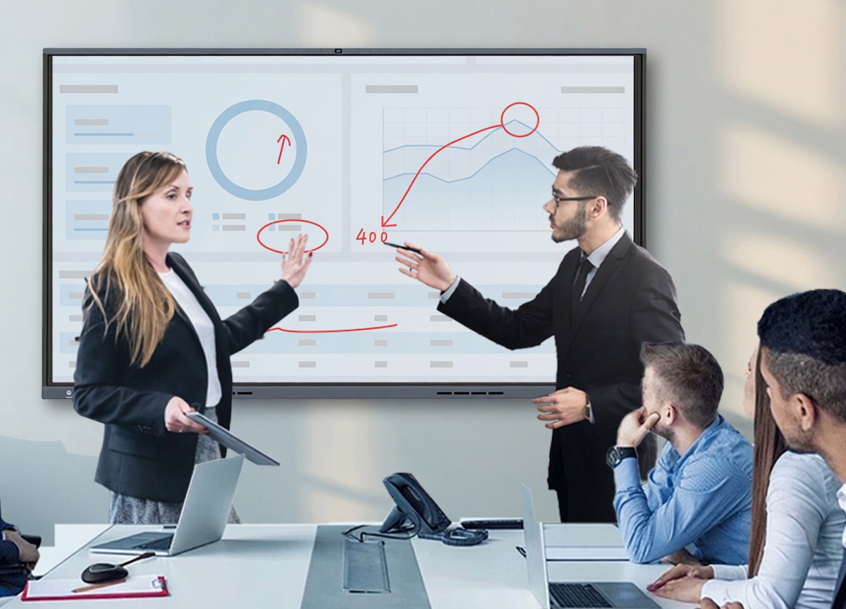 Meeting room with an interactive panel and on-screen annotation
