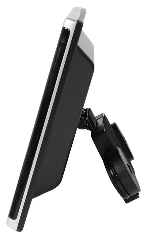 Side profile. Bracket folds flat against the headrest.
