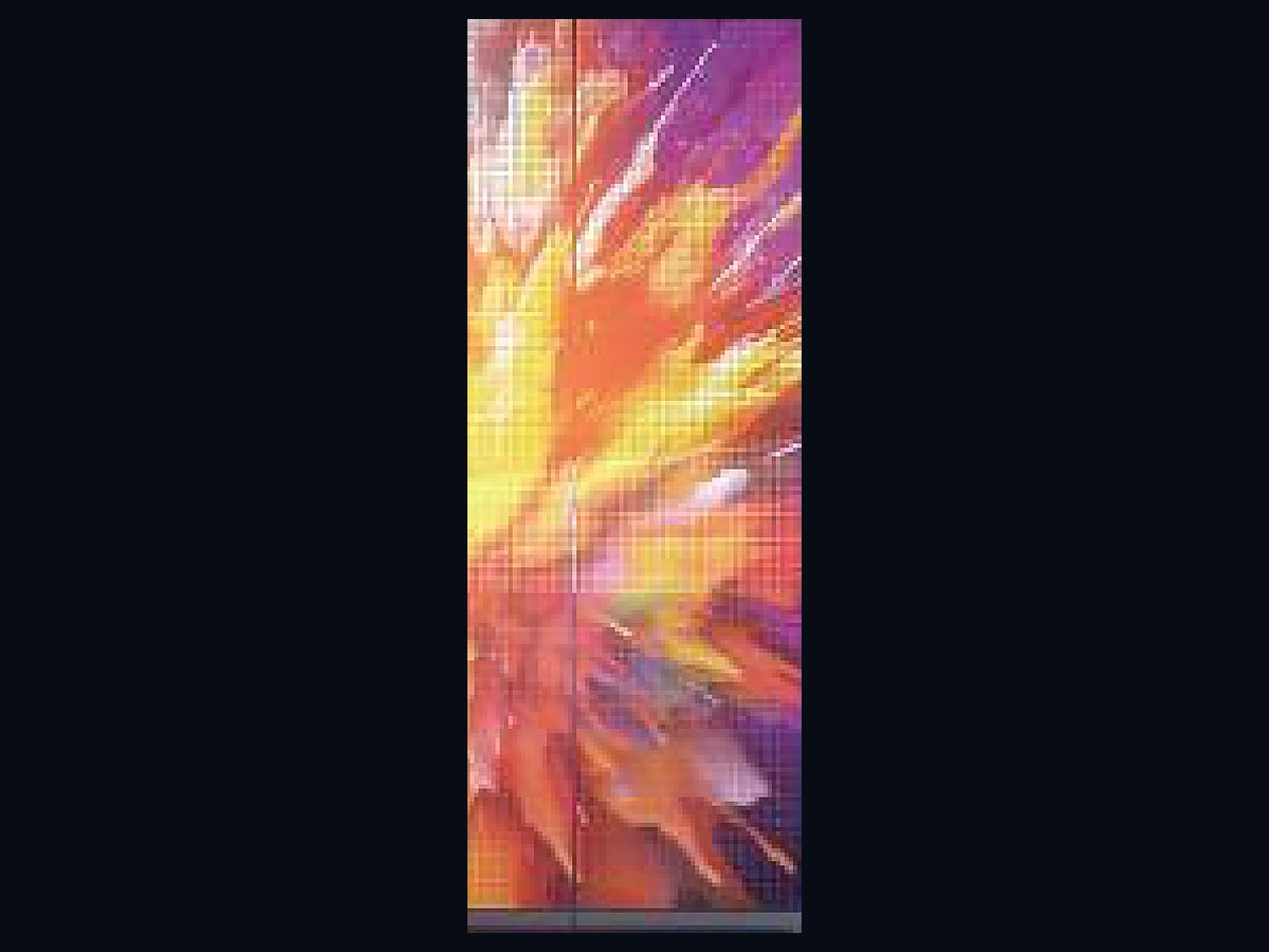 Transparent LED film running a picture, with the pixel grid of the mesh visible