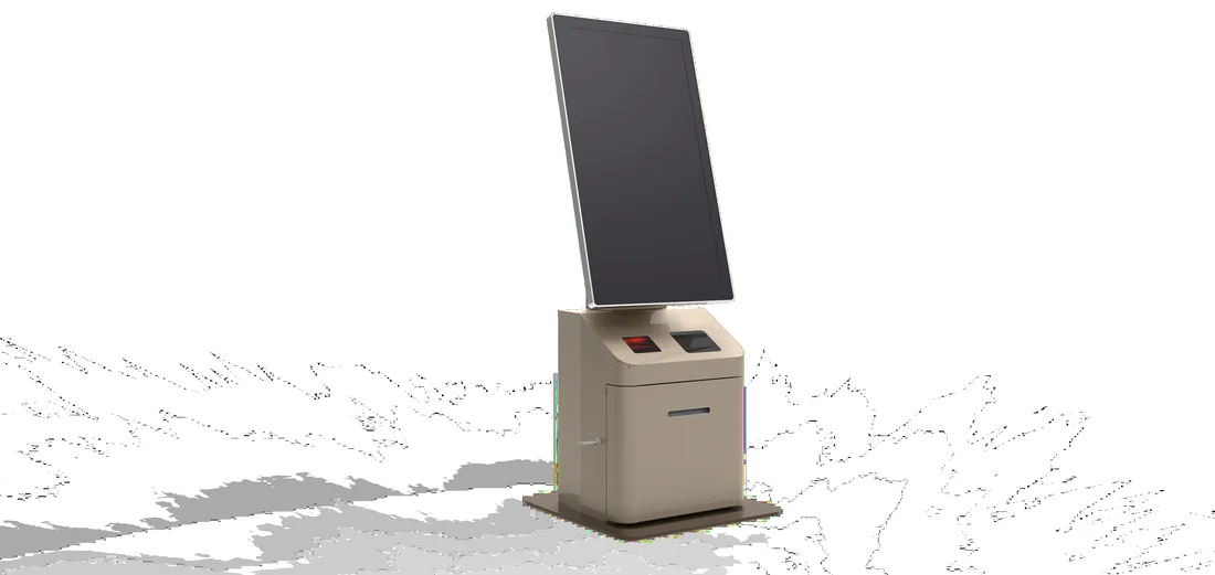 Countertop self-service terminal on a compact base.