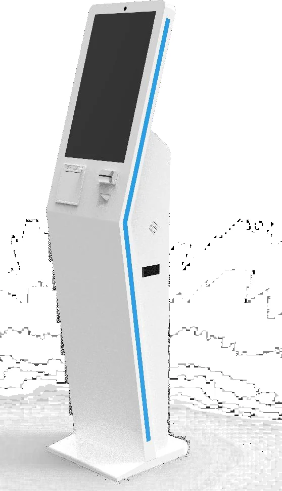 Self-service ordering kiosk with an integrated receipt printer slot.