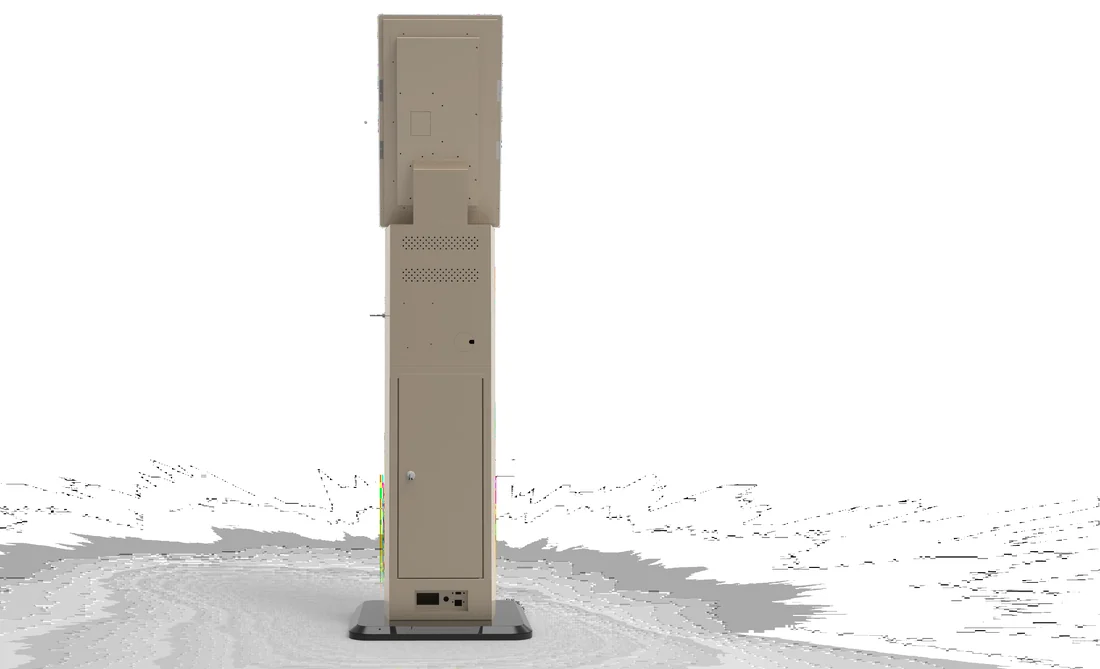 Slim floor-standing self-service kiosk with a portrait touchscreen.