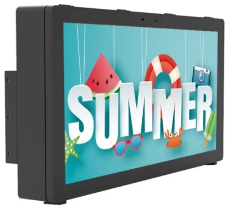 Wall-mounted outdoor display seen at an angle showing enclosure depth.