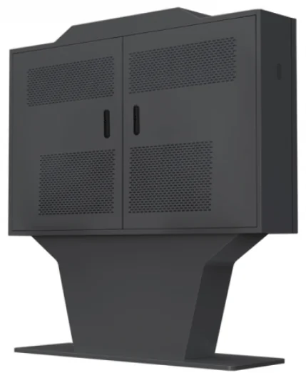 Rear of an outdoor display enclosure showing service doors and ventilation grilles.
