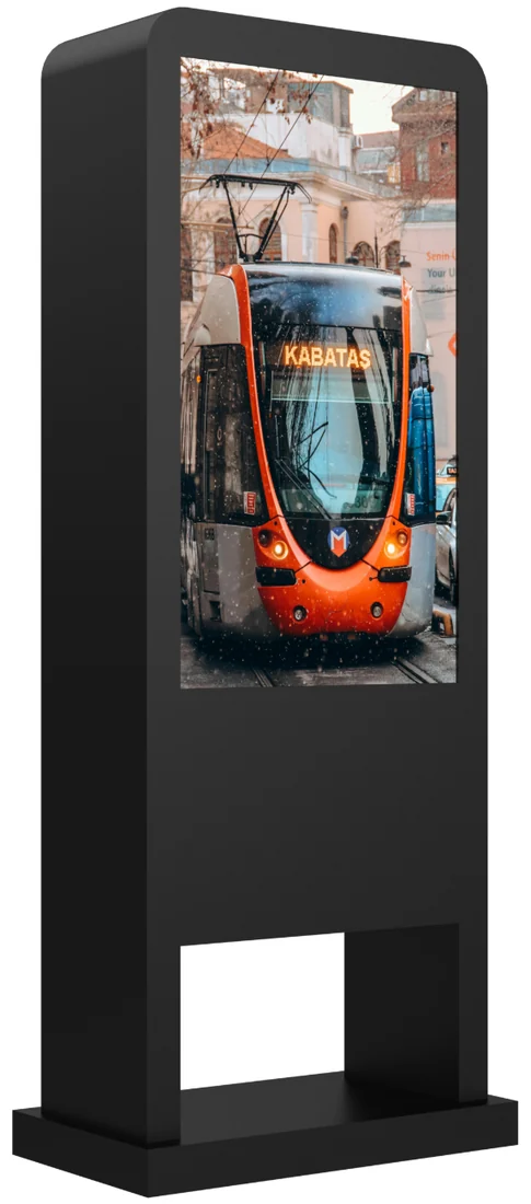 Freestanding outdoor totem seen at an angle showing enclosure depth.