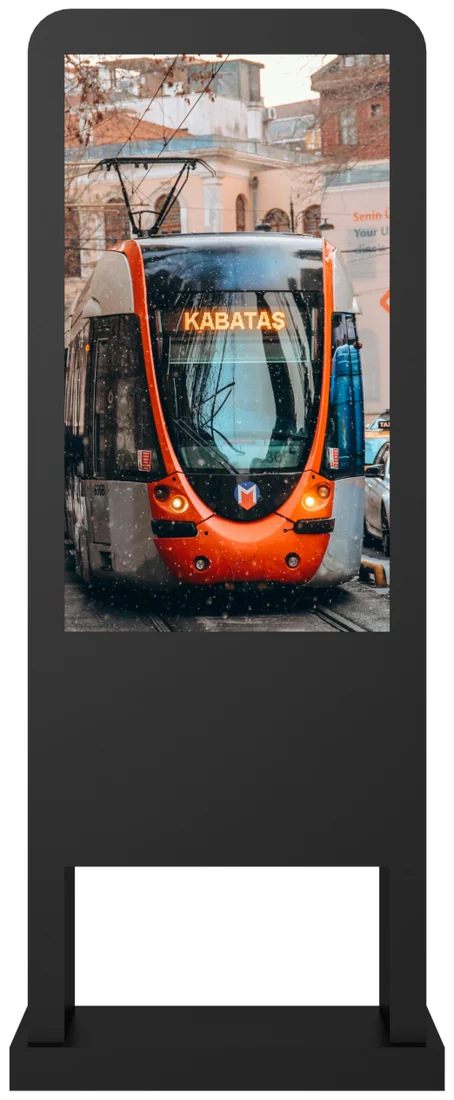 Freestanding outdoor digital signage totem in portrait orientation.