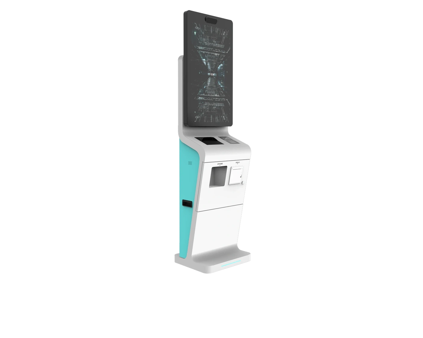 Floor-standing self-service kiosk with a portrait touch screen for retail, transit and government