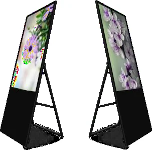 Moveable floor-standing signage display on a folding base.