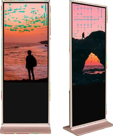 Floor-standing digital signage totems in portrait orientation.