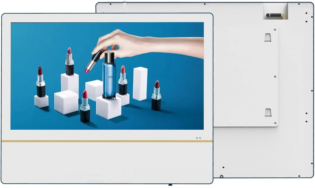 Wall-mounted indoor digital signage display, front view and rear mounting plate.