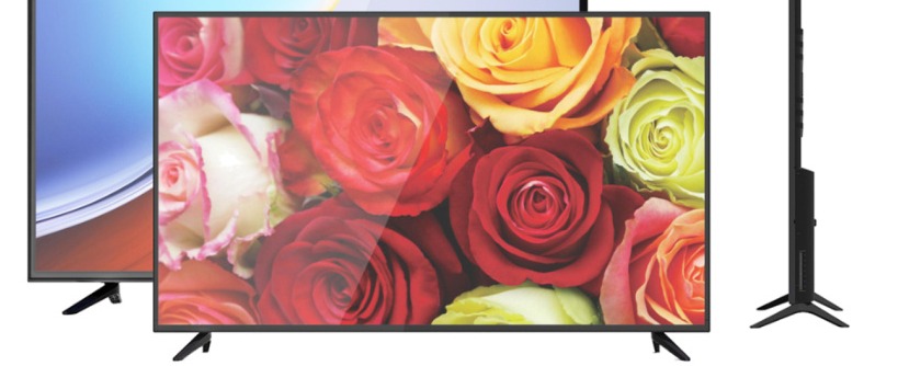 Tempered-glass television, front and side
