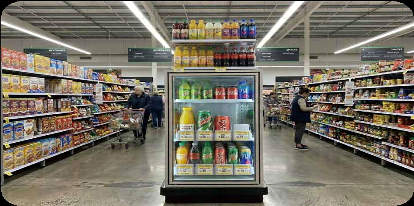 A supermarket aisle with electronic shelf labels on every shelf edge.