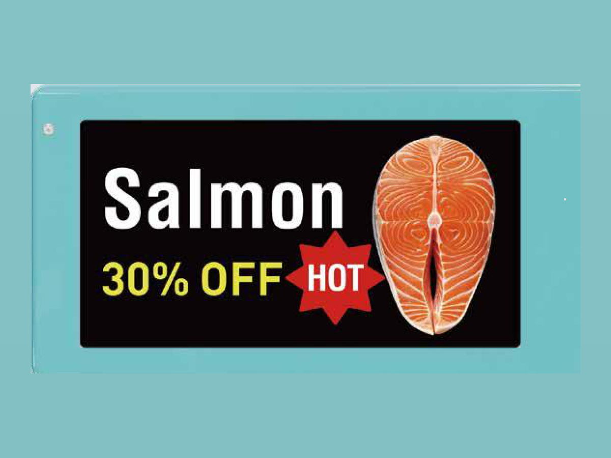 Frozen-range electronic shelf label with a four-colour E-Ink display.