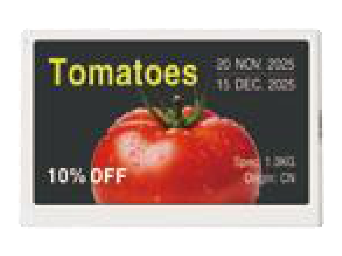 Electronic shelf label showing a promotional price on a 7.5 inch E-Ink display.